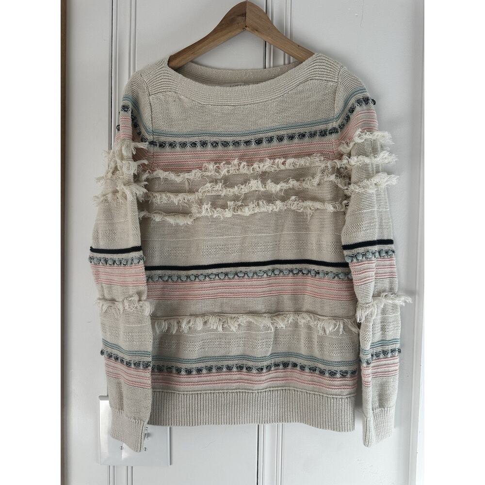 LOFT 100% Cotton Fringe Knit Sweater M‎ Boho Textured Stripe Cotton Neutral Pink